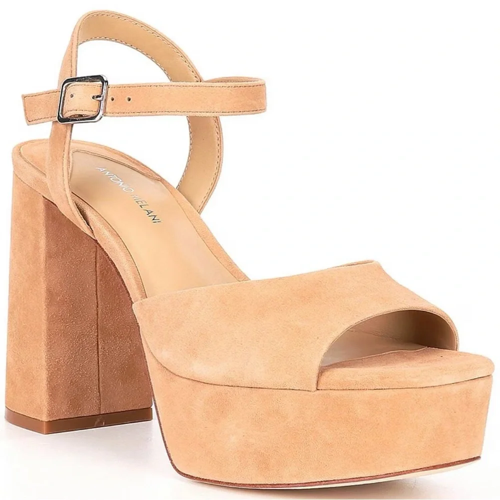 ANTONIO MELANI Bonny Suede‎ Platform Block Heel Sandals Beige Size 10